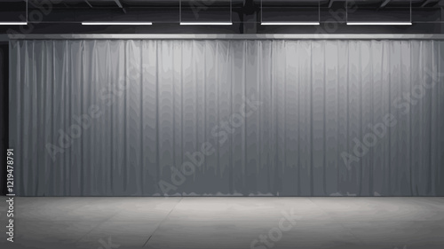 Close-up texture of industrial warehouse plastic PVC transparent curtain hanging indoors. Background for banner, vector illustration. Background or texture for 3D mapping.