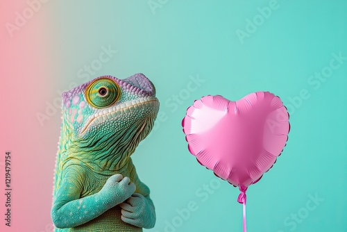 A smiling chameleon holds a pink heart-shaped balloon. plain bright colored background. place for text. photo