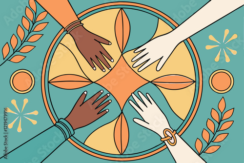 Diverse hands reaching inward, circular composition, unity concept, paper cut-out style, vibrant colors, teal background, orange and peach tones, teamwork illustration, inclusive design,