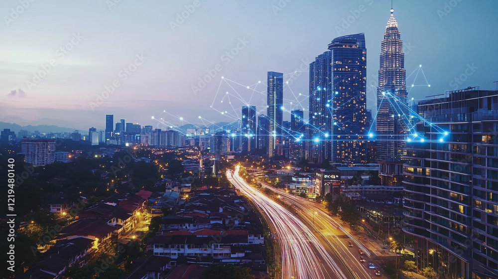 Fototapeta premium Smart digital Innovation city with connection network reciprocity over the twilight cityscape. of future smart wireless digital city and social media networking systems that connects people with city 