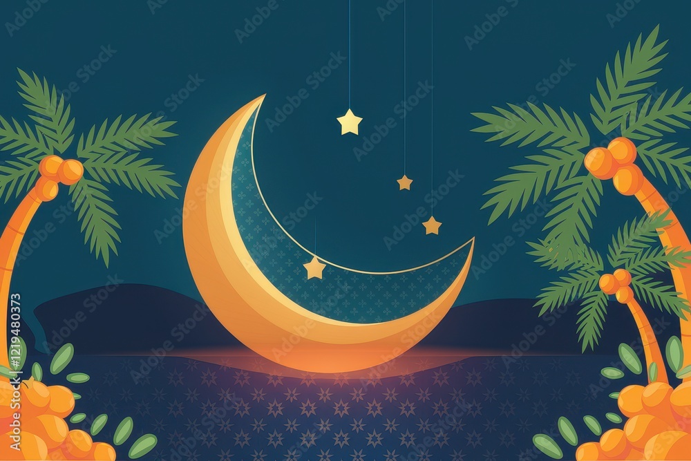 Crescent Moon Stars Palm Trees Night Scene Crescent Moon Stars Palm Trees Night Scene