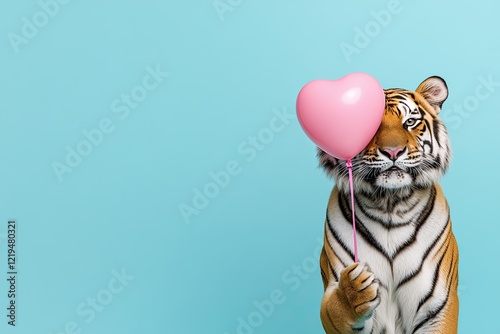 A smiling tiger holds a pink heart-shaped balloon. plain bright colored background photo