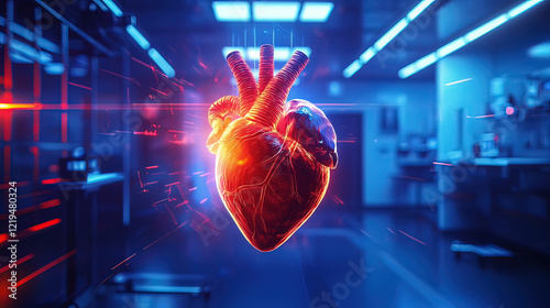 Photorealistic holographic projection of a rotating heart model, glowing blue and red light beams, sharp hospital backdrop