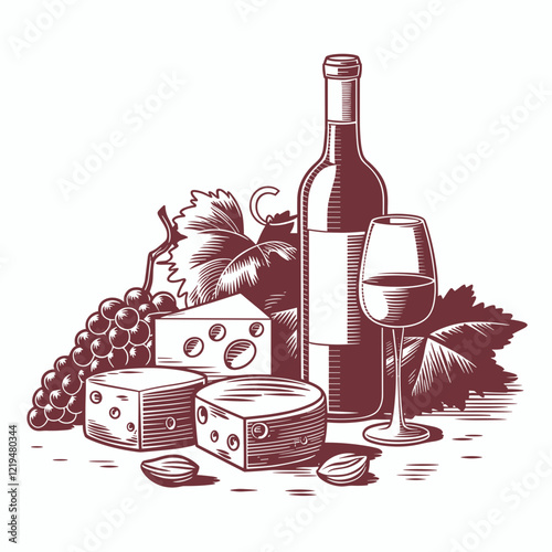 Wine and Cheese Monochrome Illustration with Grapes