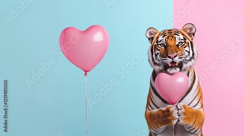 A smiling tiger holds a pink heart-shaped balloon. plain bright colored background photo