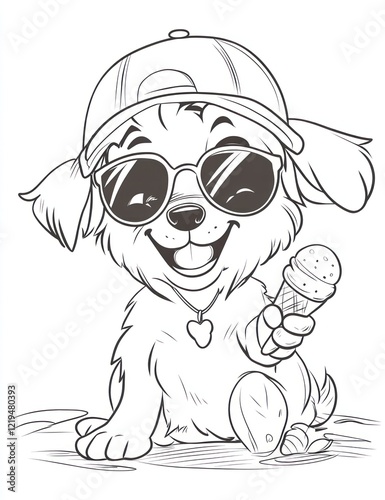 Happy puppy in sunglasses, eating ice cream, summer day, coloring page