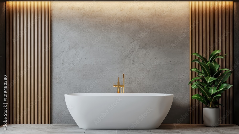 Fototapeta premium A modern bathroom featuring a sleek white bathtub against a textured wall, accented by warm lighting and a green plant for a fresh look.