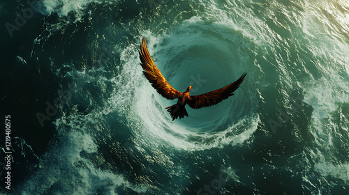 phoenix flying out of a whirlpool in the sea