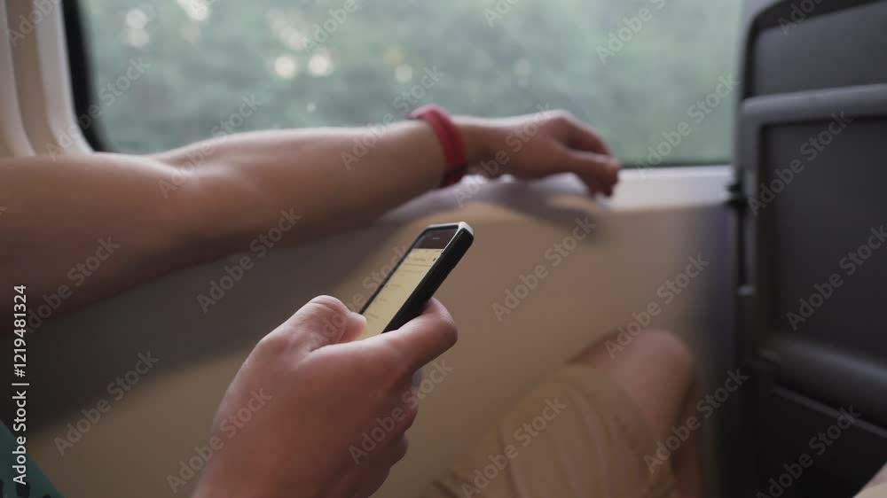 Man using mobile phone on a high speed train. Male on mask face protection, use smartphone and keep social distancing while commuting in public transport. Travelling by train with coronavirus.