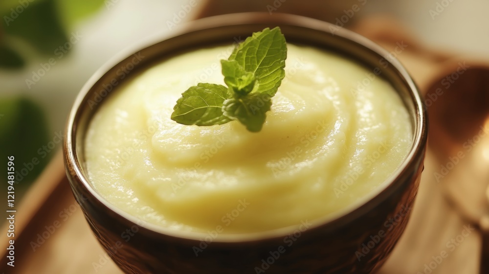 Close-Up of Creamy Vanilla Pudding Dessert, Garnished with Fresh Mint Sprig in a Rustic Bowl. Close-Up of Creamy Vanilla Pudding Dessert, Garnished with Fresh Mint Sprig in a Rustic Bowl.