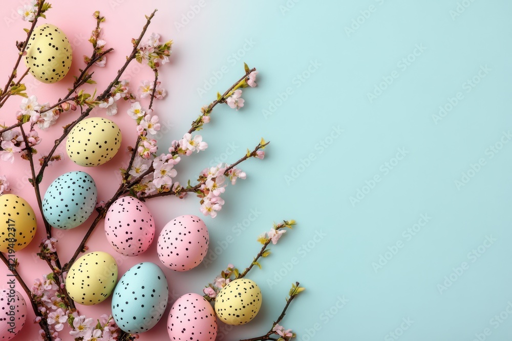 Obraz premium A vibrant close-up of colorful eggs nestled on a branch adorned with delicate flowers, celebrating the essence of Easter.