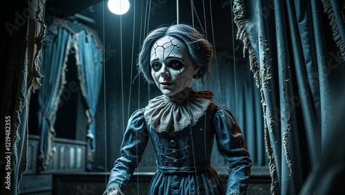 Creepy marionette doll in a haunted theater with eerie lighting