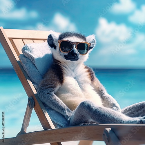 lemur in sunglasses sunbathes on a sun lounger. summer and vacation concepts. against the backdrop of the sea.