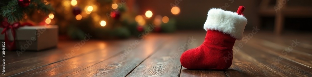 Naklejka premium Isolated red Christmas stocking on wooden floor, stocking, isolates, floor