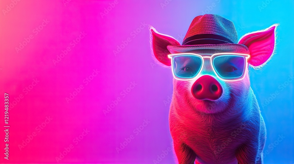 pig neon light. plain colored bright background. in glasses and a hat. unusual lighting. pig neon light. plain colored bright background. in glasses and a hat. unusual lighting.