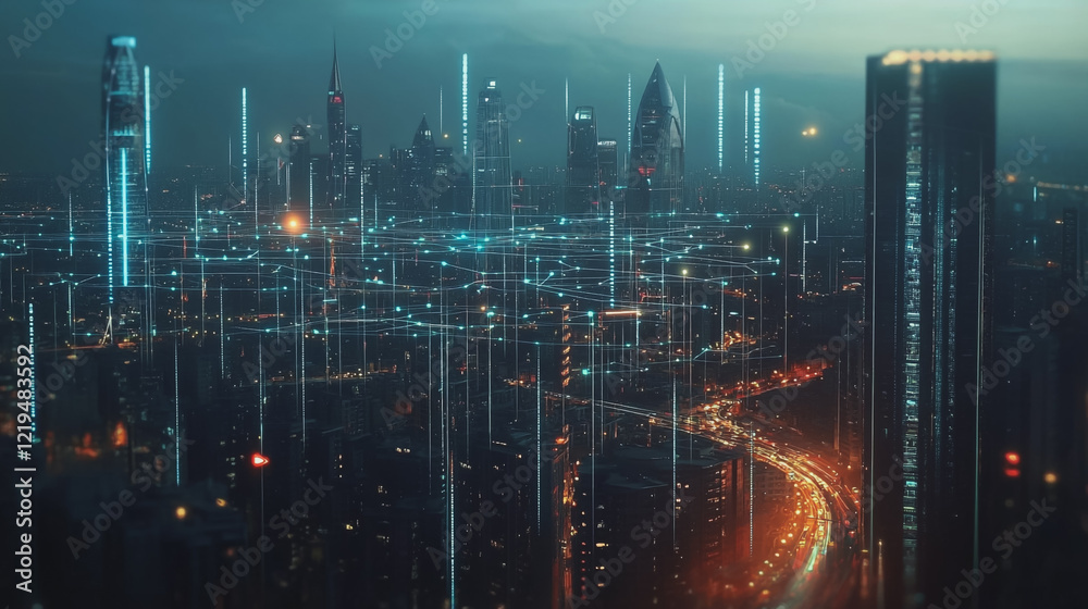 Smart digital Innovation city with connection network reciprocity over the twilight cityscape. of future smart wireless digital city and social media networking systems that connects people with city
Smart digital Innovation city with connection network reciprocity over the twilight cityscape. of future smart wireless digital city and social media networking systems that connects people with city