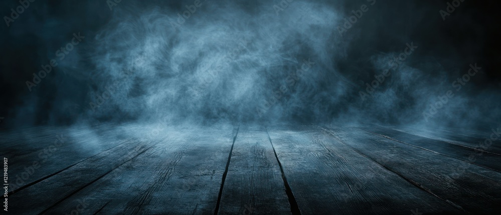 A dark, misty scene with a wooden floor, creating a moody atmosphere. A dark, misty scene with a wooden floor, creating a moody atmosphere.