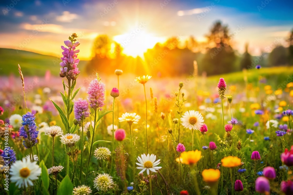 Fototapeta premium Spring Meadow Pattern: Blank White Text Background - Candid Photo Stock Image