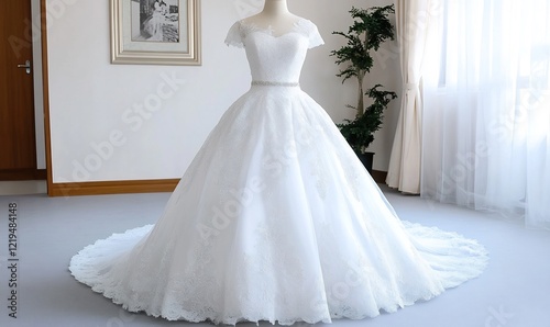 Elegant ballgown wedding dress, showroom display photo