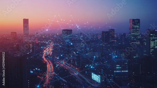 Wallpaper Mural Smart digital Innovation city with connection network reciprocity over the twilight cityscape. of future smart wireless digital city and social media networking systems that connects people with city
 Torontodigital.ca