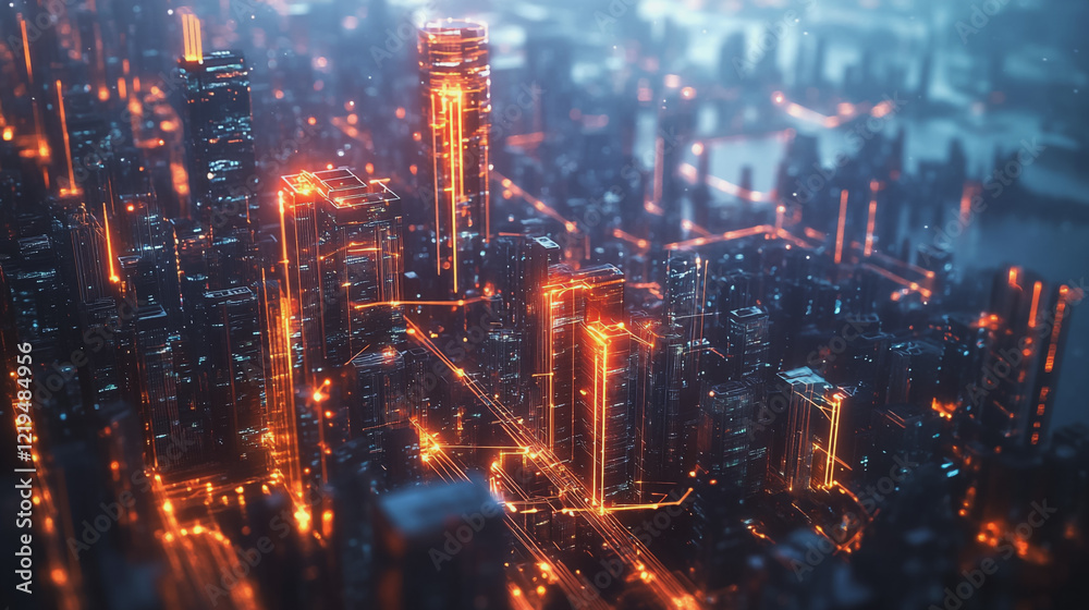 Fototapeta premium Smart digital Innovation city with connection network reciprocity over the twilight cityscape. of future smart wireless digital city and social media networking systems that connects people with city 