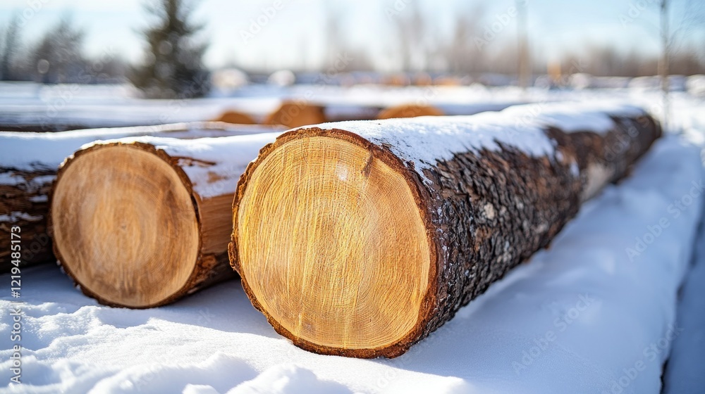 Snow-covered logs winter forest lumber yard Snow-covered logs winter forest lumber yard