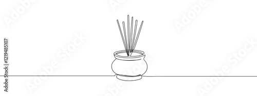 One continuous line, incense burner, religious ritual line art vector illustration with transparent background editable stroke.