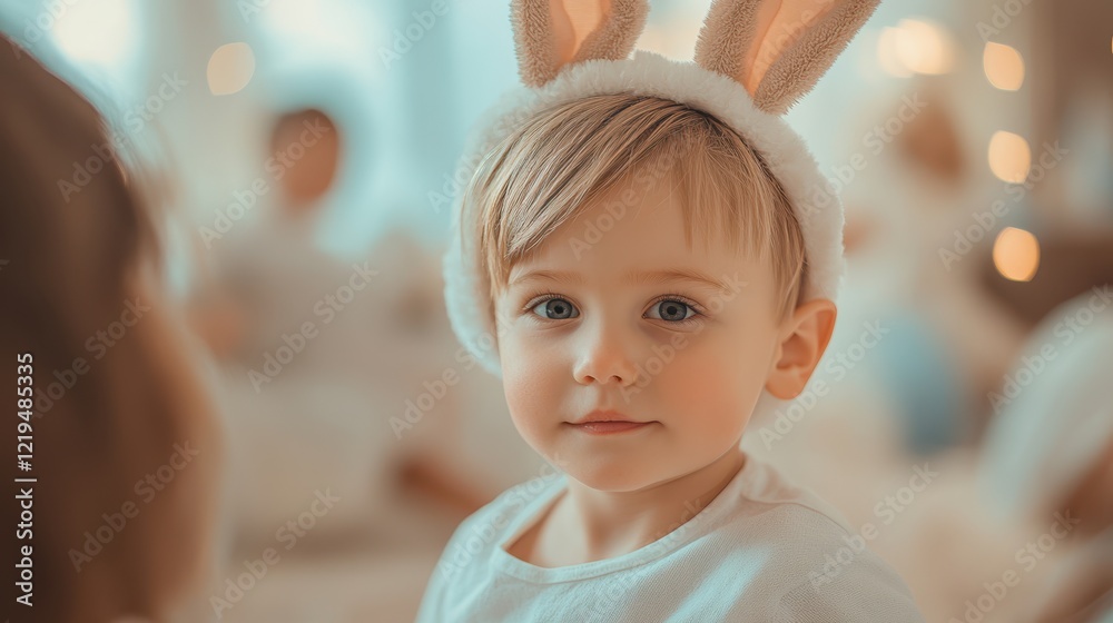 A little girl in bunny ears and a white shirt celebrates Easter with joy and innocence. A little girl in bunny ears and a white shirt celebrates Easter with joy and innocence.