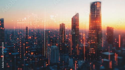 Smart digital Innovation city with connection network reciprocity over the twilight cityscape. of future smart wireless digital city and social media networking systems that connects people with city
