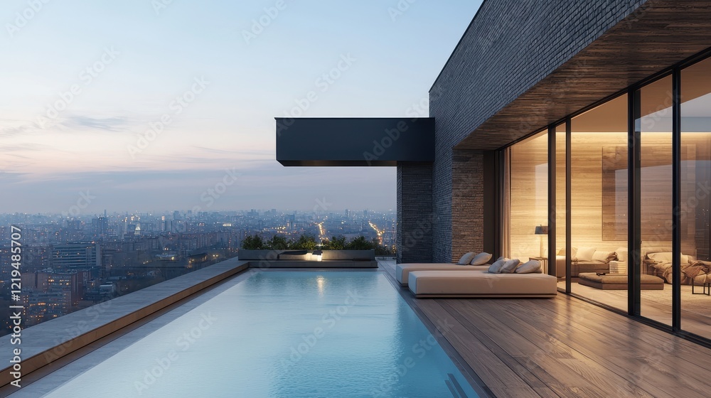 Fototapeta premium A modern rooftop pool with a scenic city view, featuring sleek design and a tranquil atmosphere during twilight.
