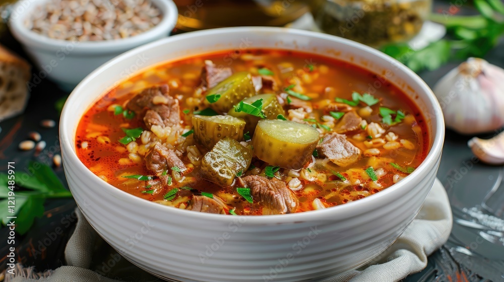 Scotch Broth, a hearty Scottish soup made with barley, root vegetables, leeks, and lamb or beef, simmered to perfection and served in a rustic bowl on a white quartz background Scotch Broth, a hearty Scottish soup made with barley, root vegetables, leeks, and lamb or beef, simmered to perfection and served in a rustic bowl on a white quartz background