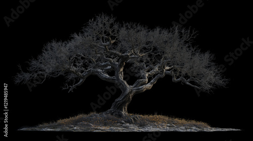 Ancient twisted tree with barren branches on a grassy mound and dark background for mystical and fantasy-themed designs photo