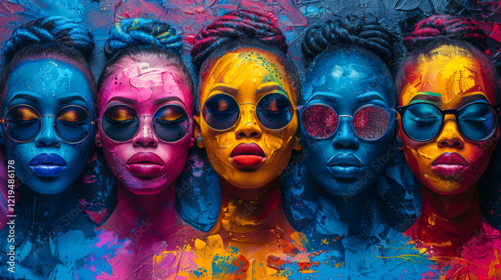 Obraz premium Group gang of five pretty lucky girls with big lips and closed eyes. Creative concept of happy paint smeared girls with glasses on vacation. Abstract composition. Close up.