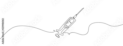 Single continuous line drawing. Syringe, medical equipment. line art vector illustration with transparent background editable stroke.