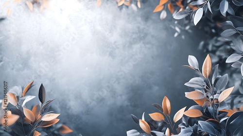 Elegant Blue and Gold Leaves Frame a Misty Background