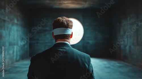 A man with a blindfold stands in a dimly lit room with a circular window, highlighting themes of confinement, isolation, and the search for insight in a disorienting world. photo