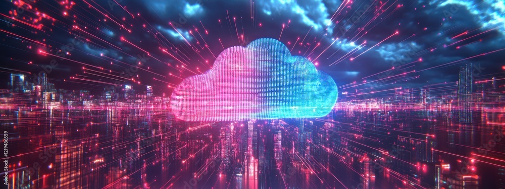 Obraz premium A digital cloud representation with vibrant colors and data streams, symbolizing technology.
