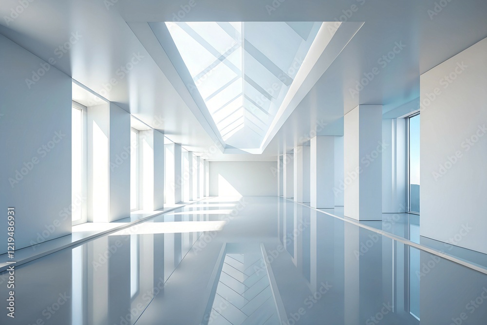 Obraz premium Futuristic minimalist corridor with symmetrical geometry and polished reflections modern 3D render.