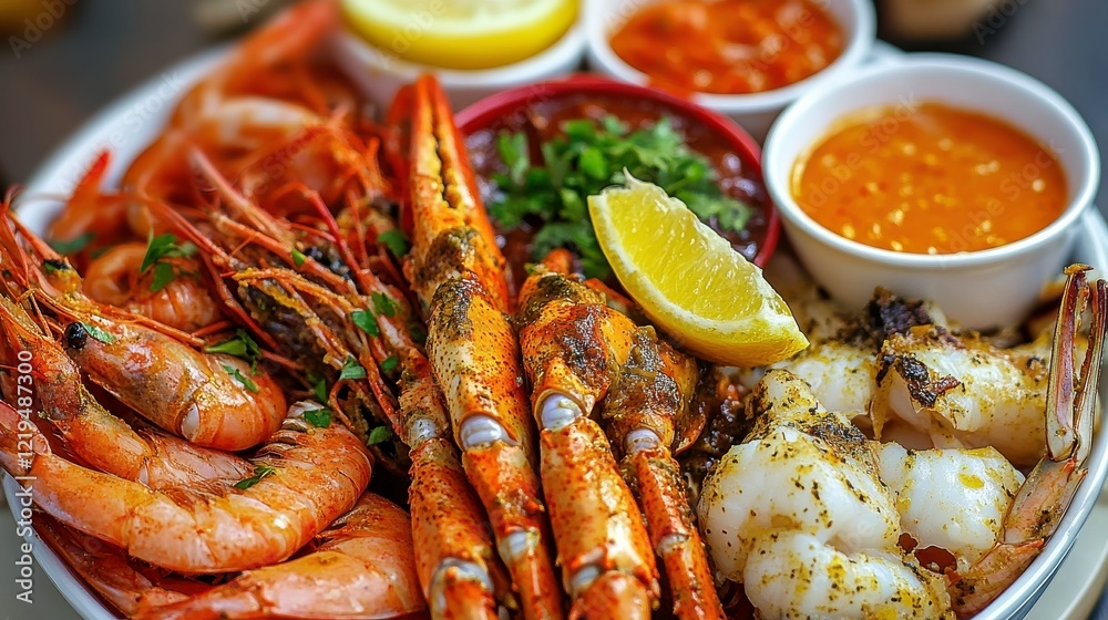 Colorful Seafood Dishes with Herbs and Sauces Colorful Seafood Dishes with Herbs and Sauces