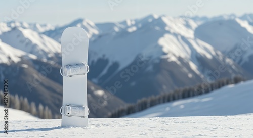 Snowboard on pristine mountain snow with majestic winter alpine backdrop photo