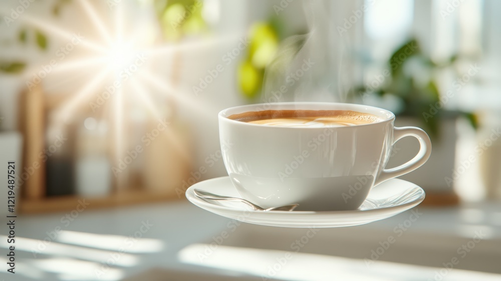 A delightful image of a steaming cup of coffee placed on a saucer, illuminated by natural light, creating a serene and warm atmosphere in a cozy setting. A delightful image of a steaming cup of coffee placed on a saucer, illuminated by natural light, creating a serene and warm atmosphere in a cozy setting.