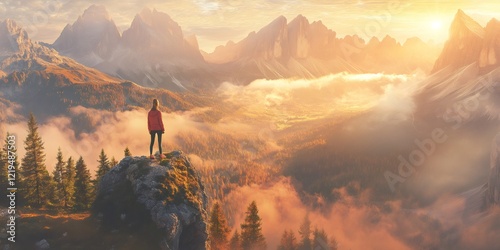 Hiker watching amazing sunrise over tre cime di lavaredo, dolomites, italy photo