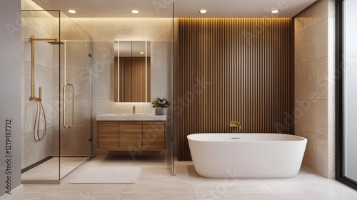 A modern bathroom featuring a freestanding tub, sleek shower, wooden accents, and ambient lighting for a stylish and relaxing atmosphere.