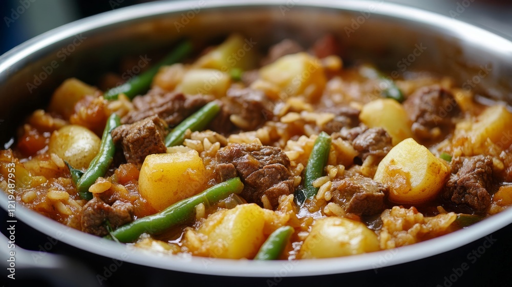 Image of rice and beef stew with potatoes and green beans in a large pot, emphasizing hearty and savory nature. Ideal for family meals and comfort food. Image of rice and beef stew with potatoes and green beans in a large pot, emphasizing hearty and savory nature. Ideal for family meals and comfort food.