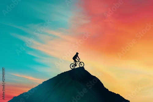 A silhouette of a male cyclist atop a mountain against a vibrant sunset, showcasing determination and adventure. stunt cycling