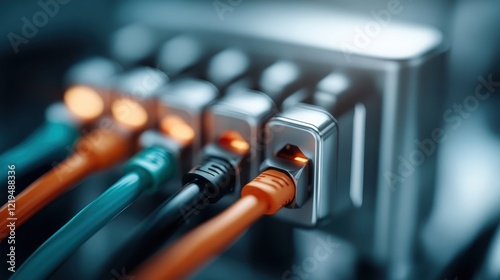 An array of vibrant network cables connecting to a switch, showcasing technology and connectivity in modern digital environments with glowing indicators. photo