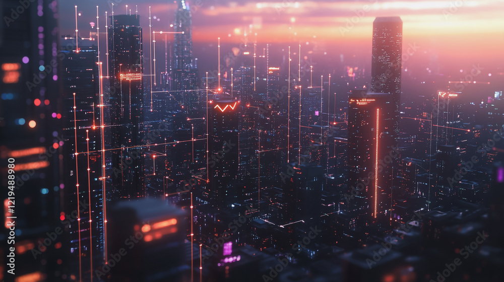 Fototapeta premium Smart digital Innovation city with connection network reciprocity over the twilight cityscape. of future smart wireless digital city and social media networking systems that connects people with city 