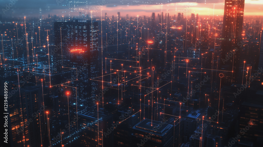 Fototapeta premium Smart digital Innovation city with connection network reciprocity over the twilight cityscape. of future smart wireless digital city and social media networking systems that connects people with city 