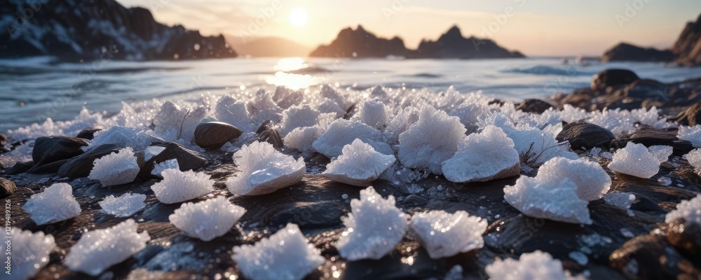 Glittering white sea salt crystals scattered across a rocky shoreline, beach, waves, rough Glittering white sea salt crystals scattered across a rocky shoreline, beach, waves, rough