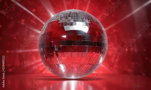 Glittering silver disco ball in the center of a vibrant red background , disco, sparkly